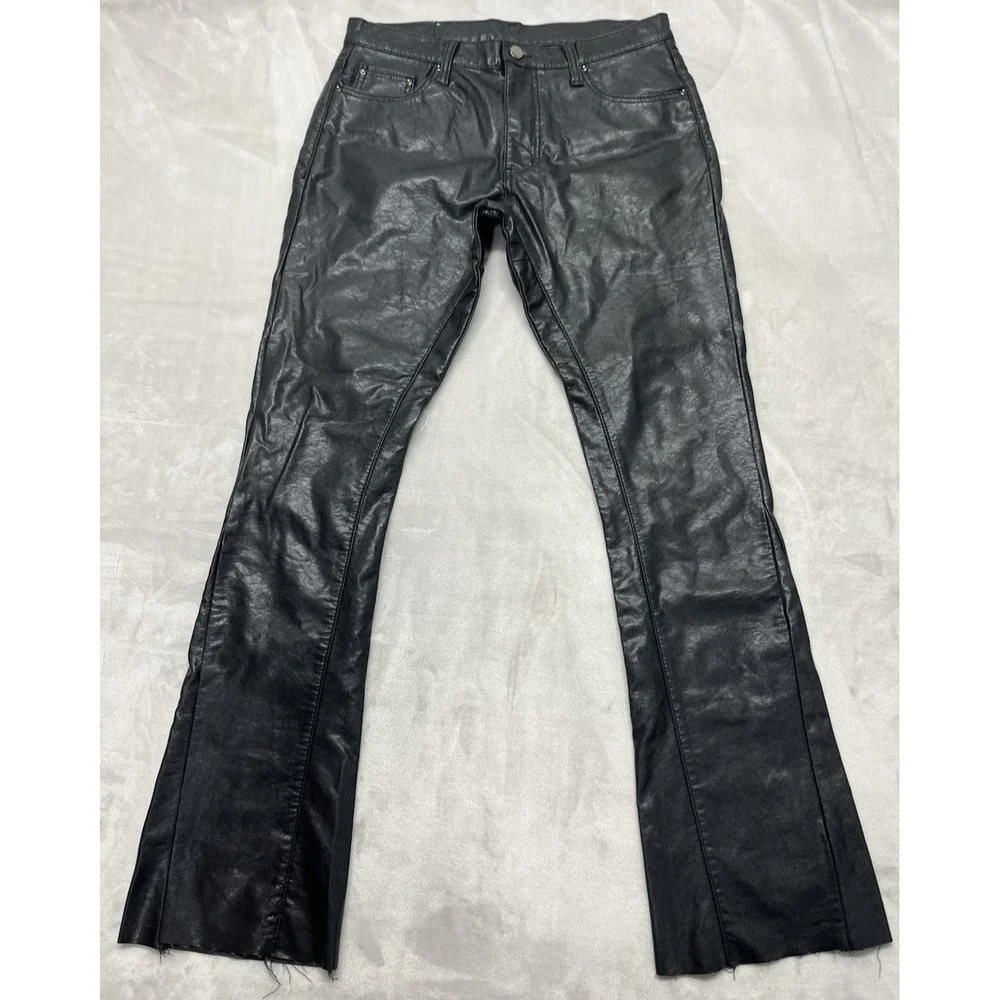 MNML Pu Leather Pants Men 30 Black Straight Flare Mid Rise Raw Hem City Bikers